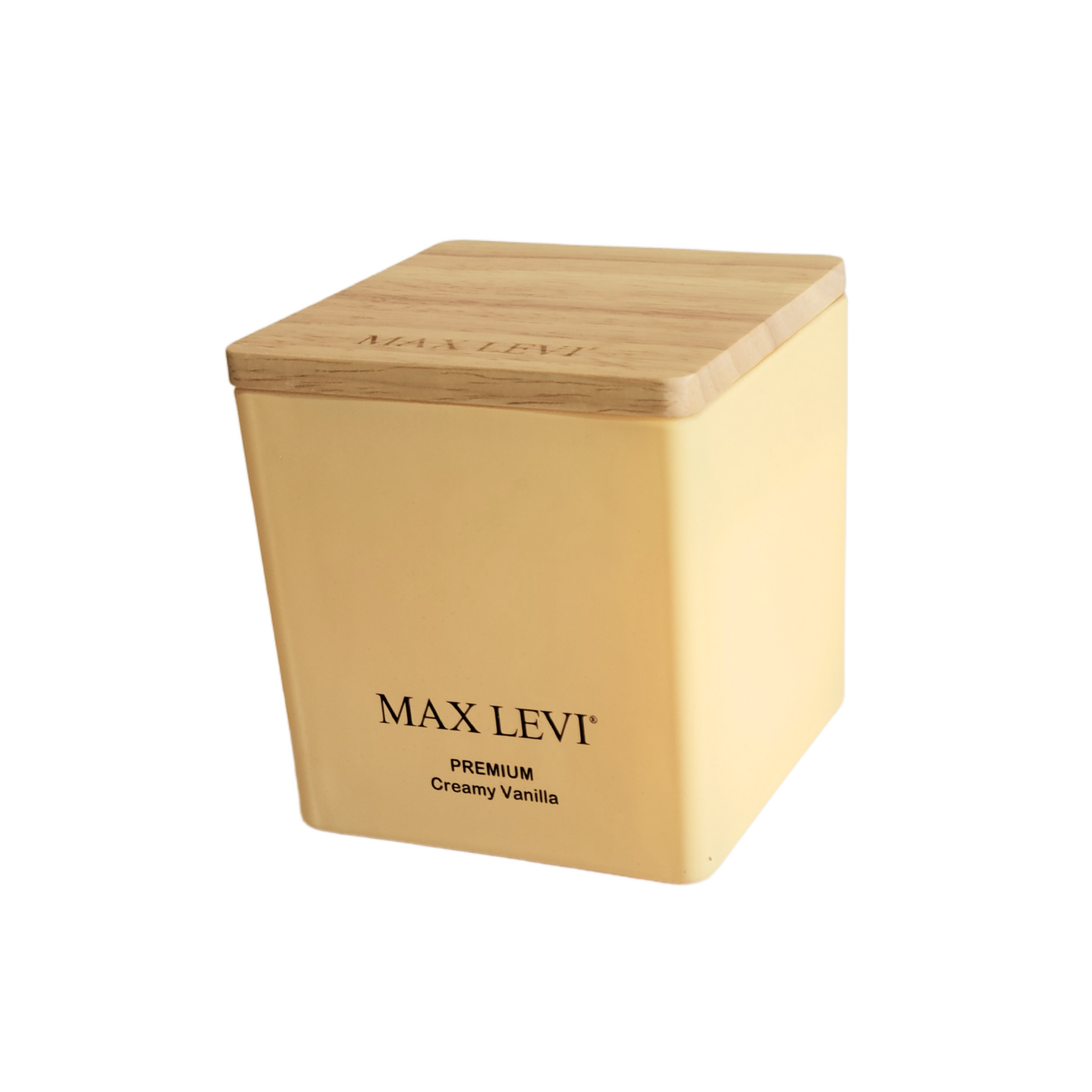 Max Levi Premium Creamy Vanilla with closed lid. Portrait image.