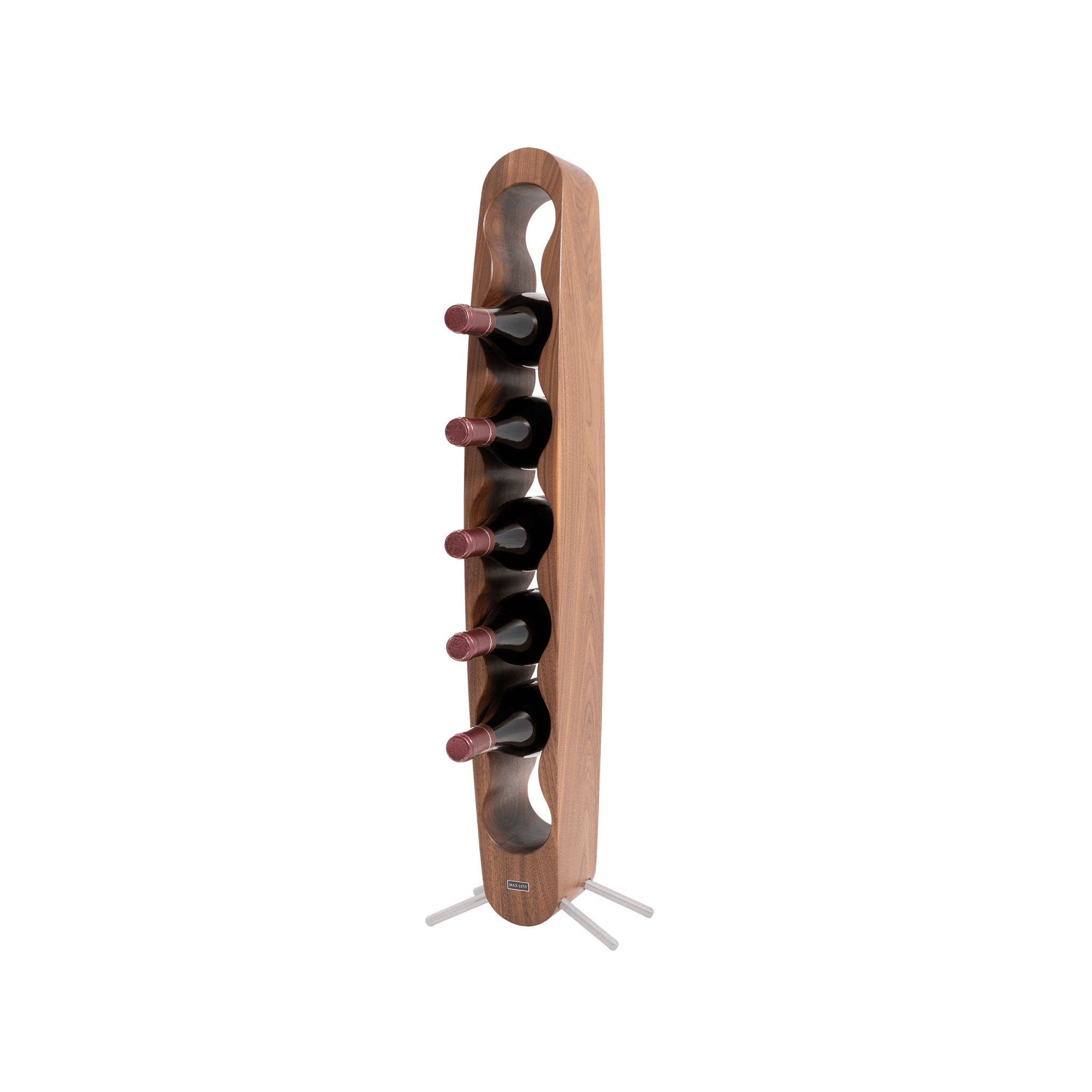 Max Levi Provence American Walnut wood wine rack, wine stand rack, a wine rack, silver stand, corner image with bottles