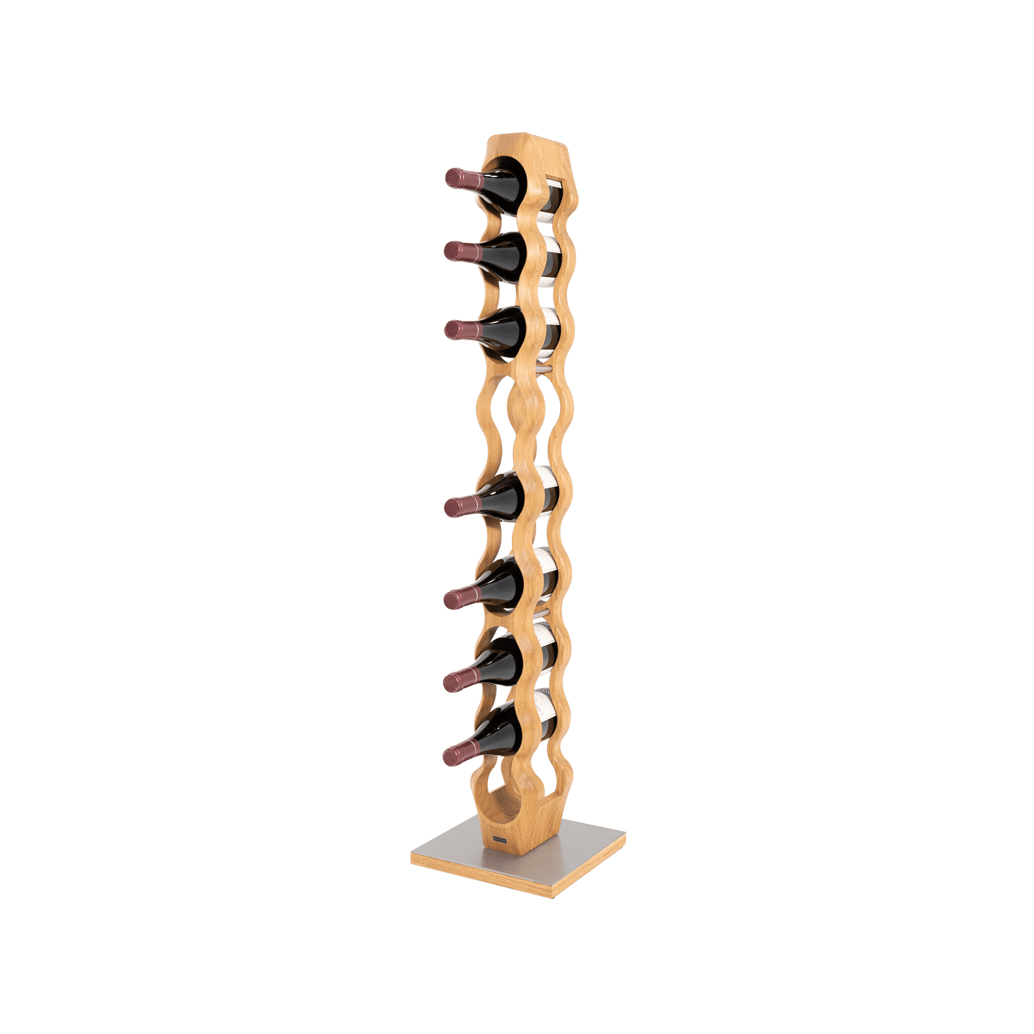 Max Levi Trim 9 Select Oak wood wine rack, wine stand rack, a wine rack, silver stand, corner image with bottles