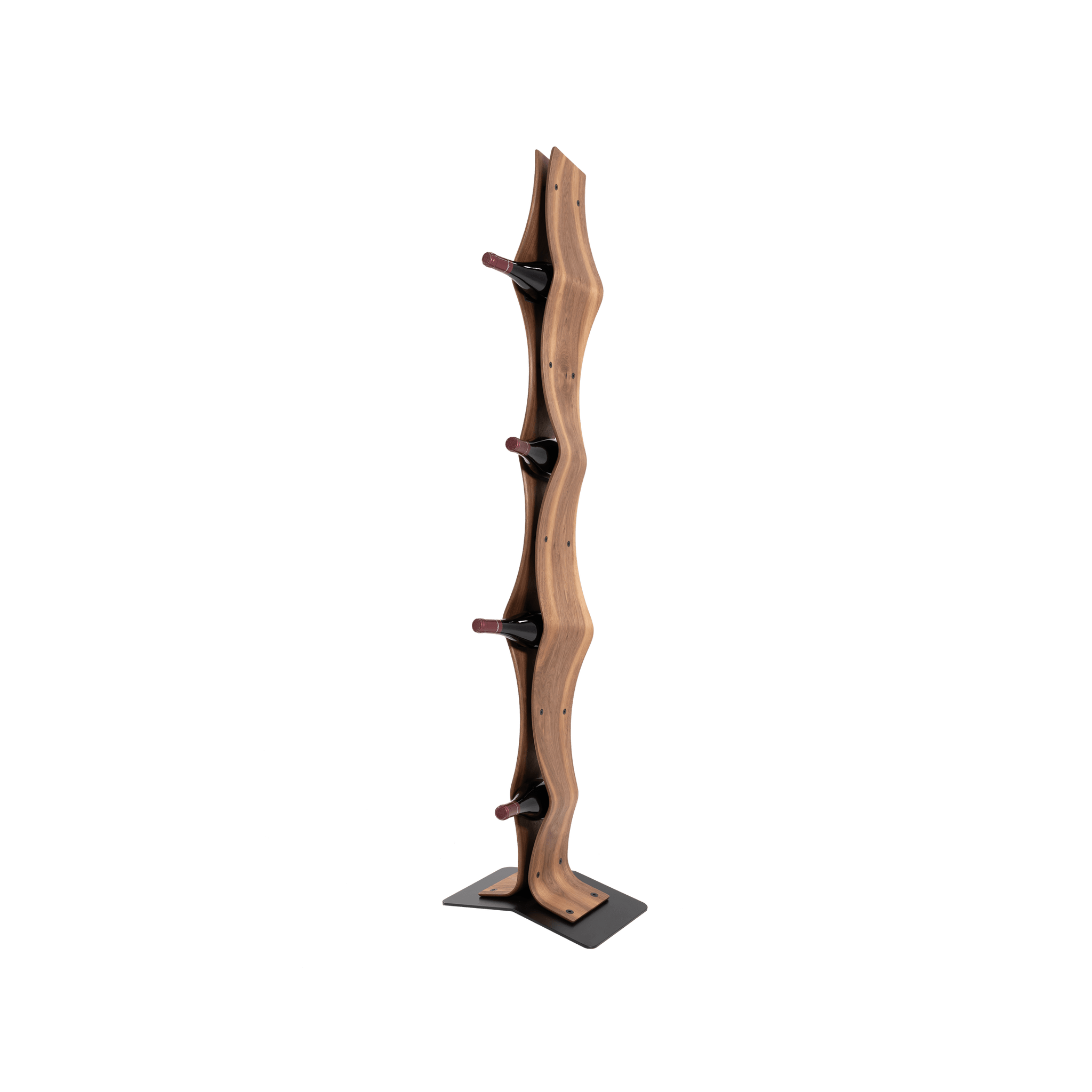 Max Levi Vertigo American Walnut wood wine rack, wine stand rack, a wine rack, black stand, corner image with bottles