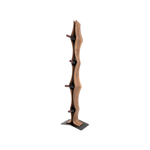 Max Levi Vertigo American Walnut wood wine rack, wine stand rack, a wine rack, black stand, corner image with bottles