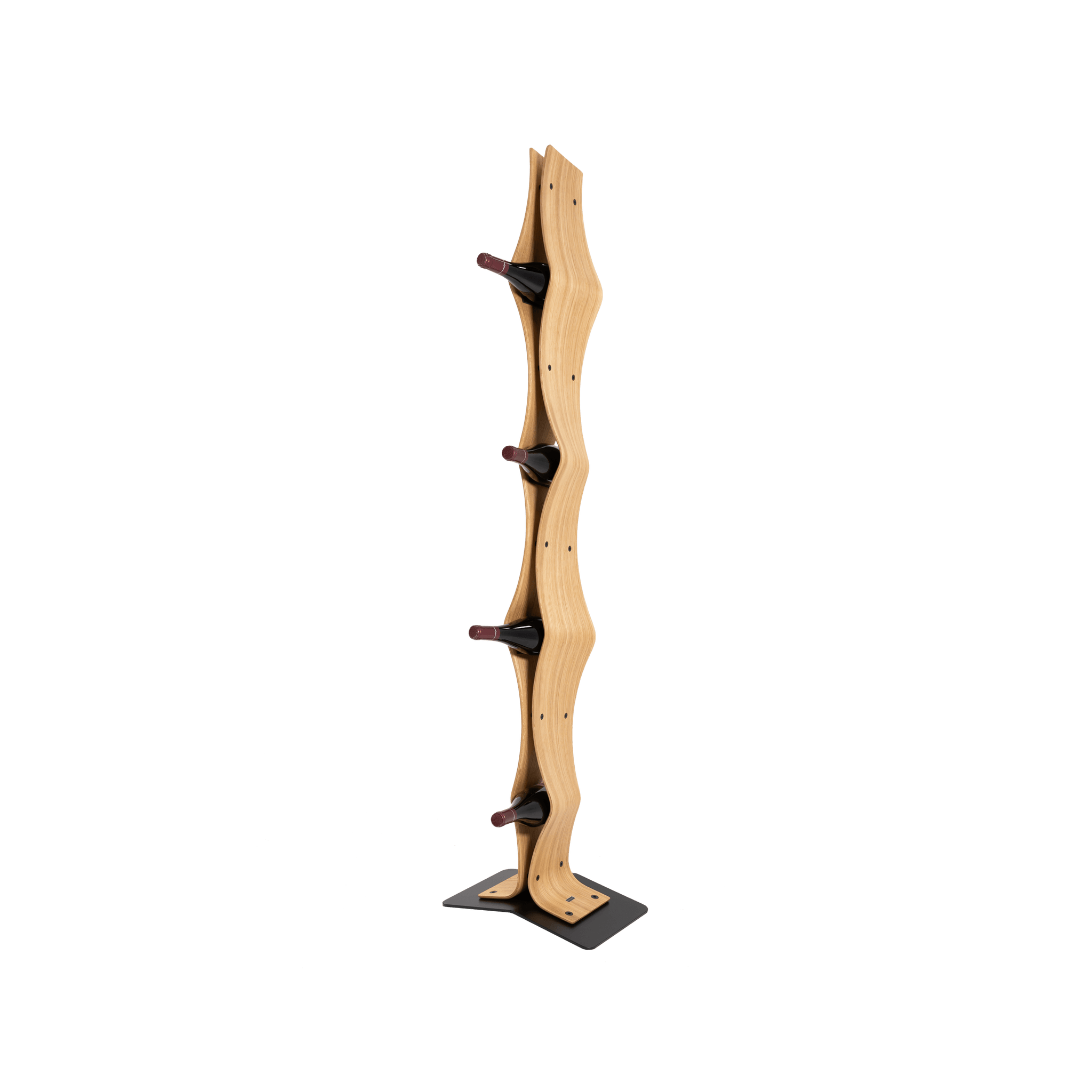 Max Levi Vertigo Select Oak wood wine rack, wine stand rack, a wine rack, black stand, corner image with bottles
