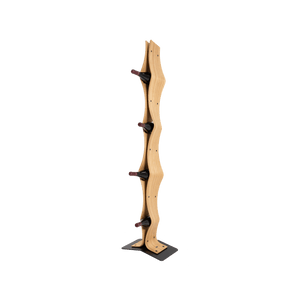 Max Levi Vertigo Select Oak wood wine rack, wine stand rack, a wine rack, black stand, corner image with bottles