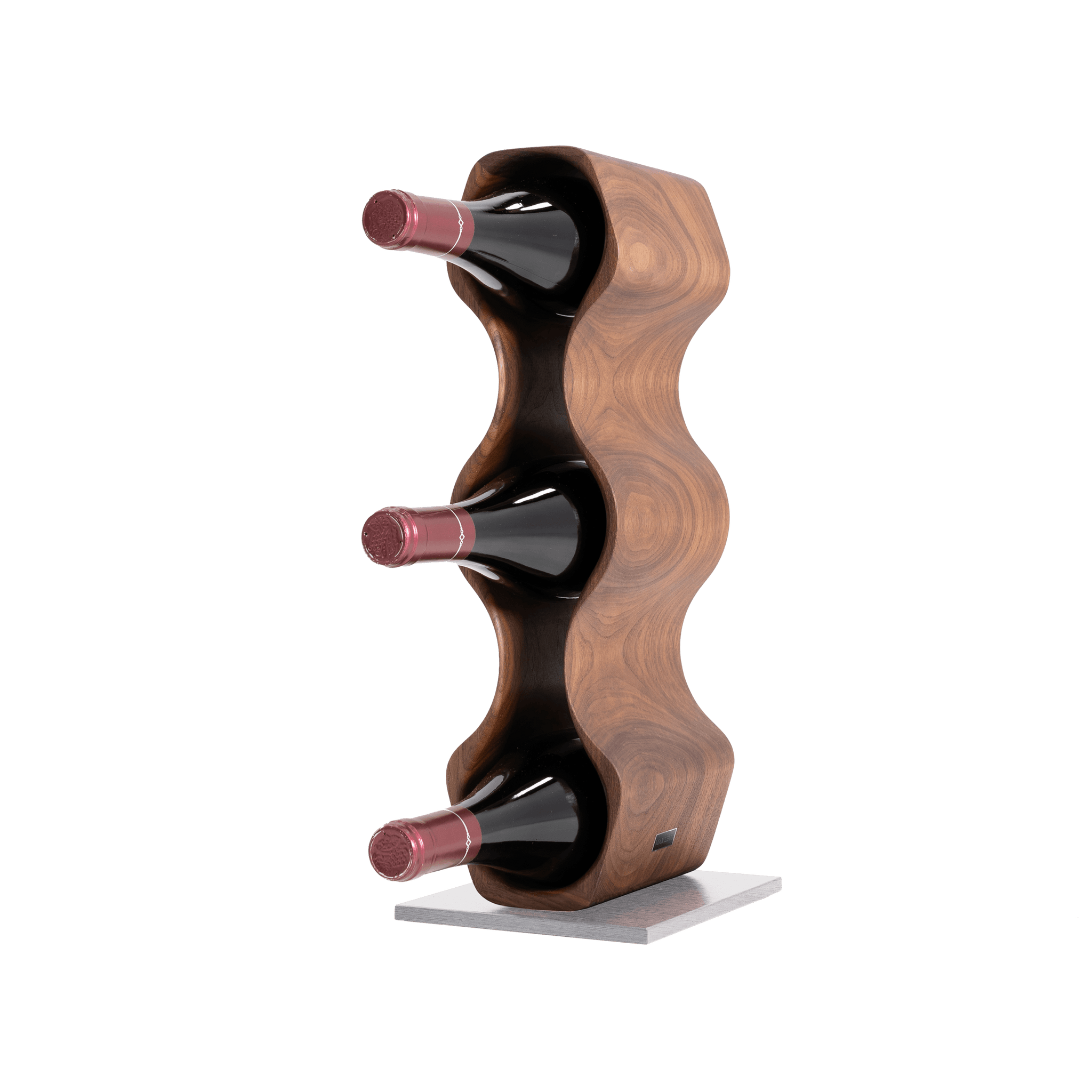 Max Levi Harmony American Walnut wood wine rack, wine stand rack, a wine rack, corner image with bottles, silver stand