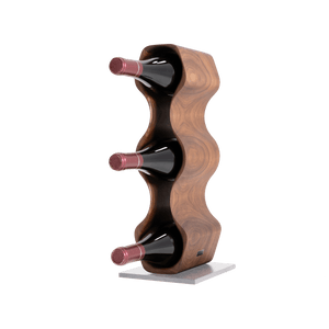 Max Levi Harmony American Walnut wood wine rack, wine stand rack, a wine rack, corner image with bottles, silver stand