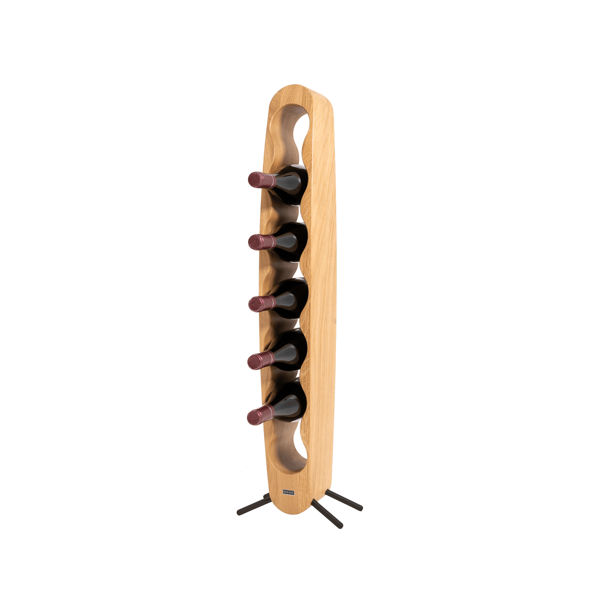 Max Levi Provence Select Oak wood wine rack, wine stand rack, a wine rack, black stand, corner image with bottles