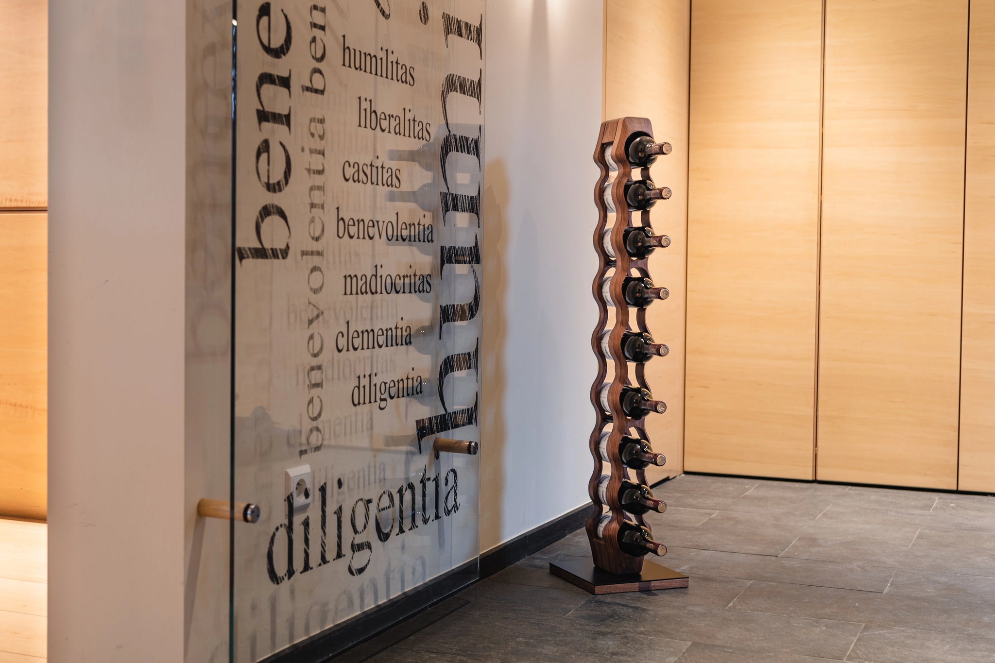 Floorstanding Luxury wine rack, wine stand rack, Max Levi, 9 bottle European design handcrafted for home, restaurants, hotels, wine bars, unique and minimalistic.