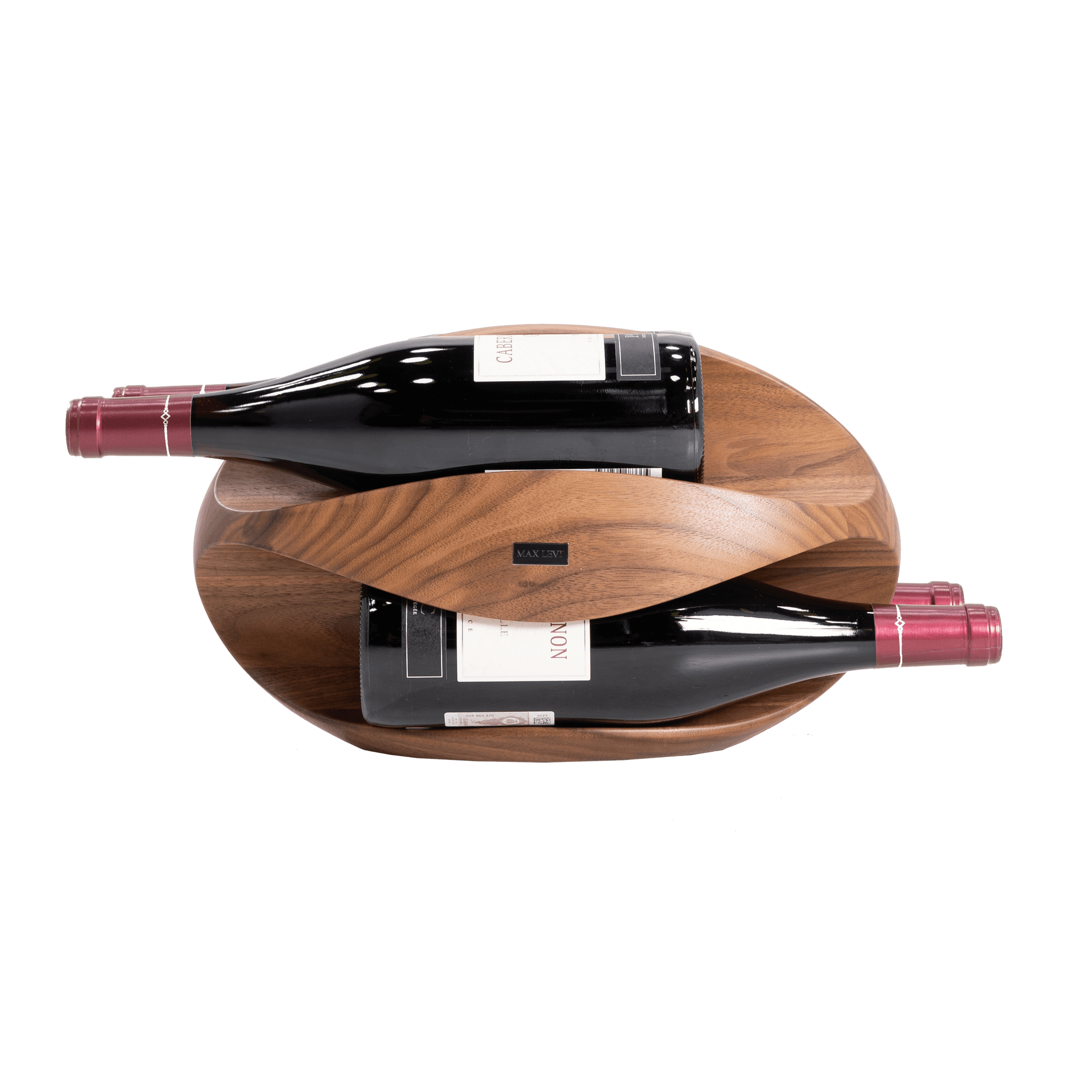 Max Levi Try American Walnut wood wine rack, wine stand rack, a wine rack, front image with bottles