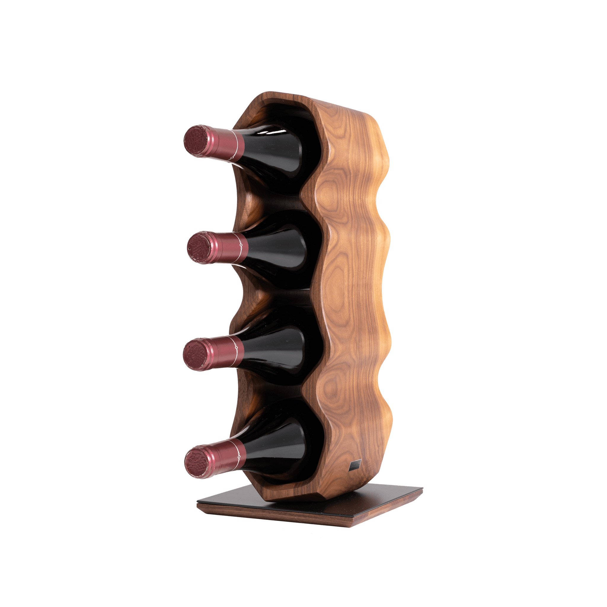 Max Levi Warp American Walnut wood wine rack, wine stand rack, a wine rack, black stand, corner image with bottles