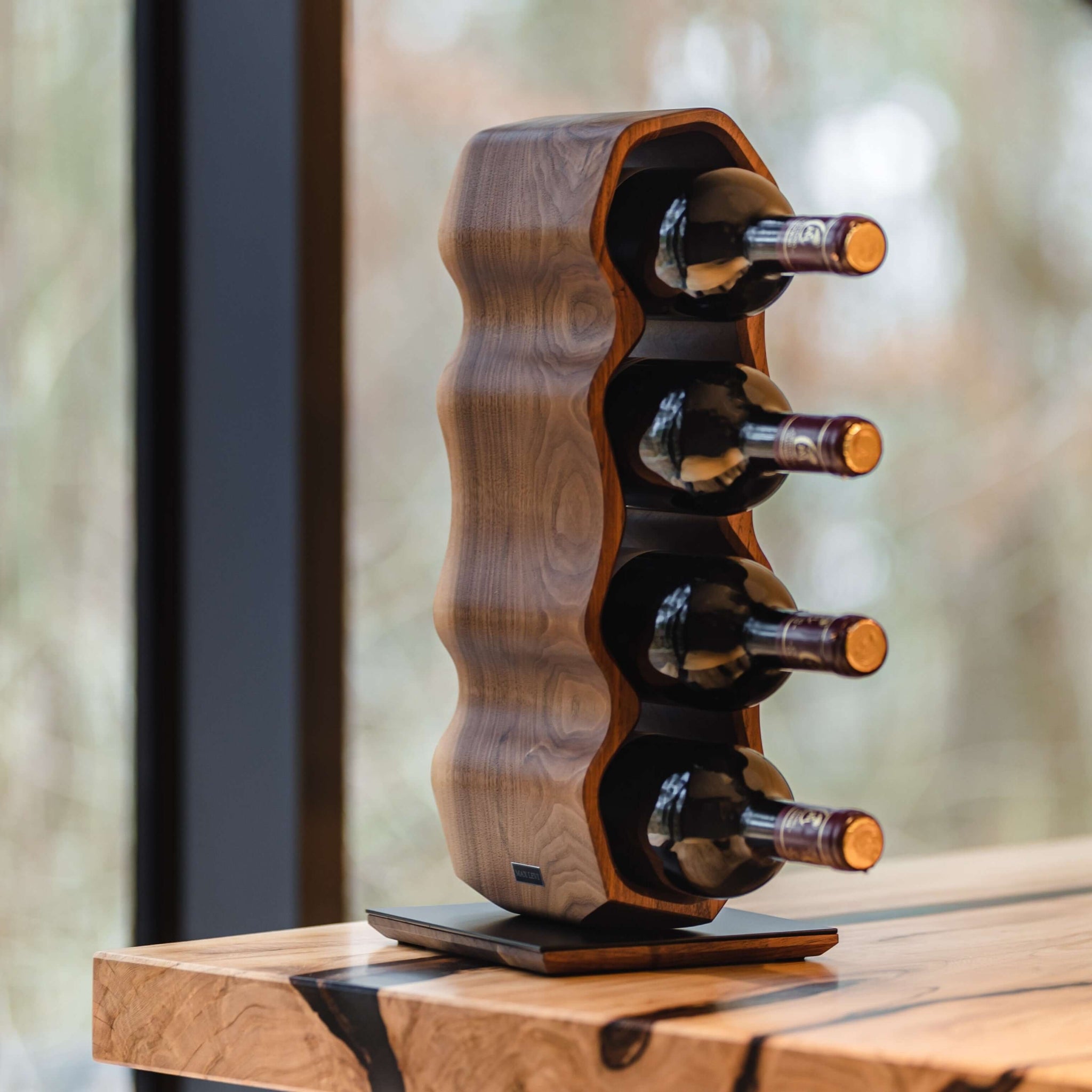 Max Levi Warp American Walnut wood wine rack, wine stand rack, a wine rack, lifestyle image